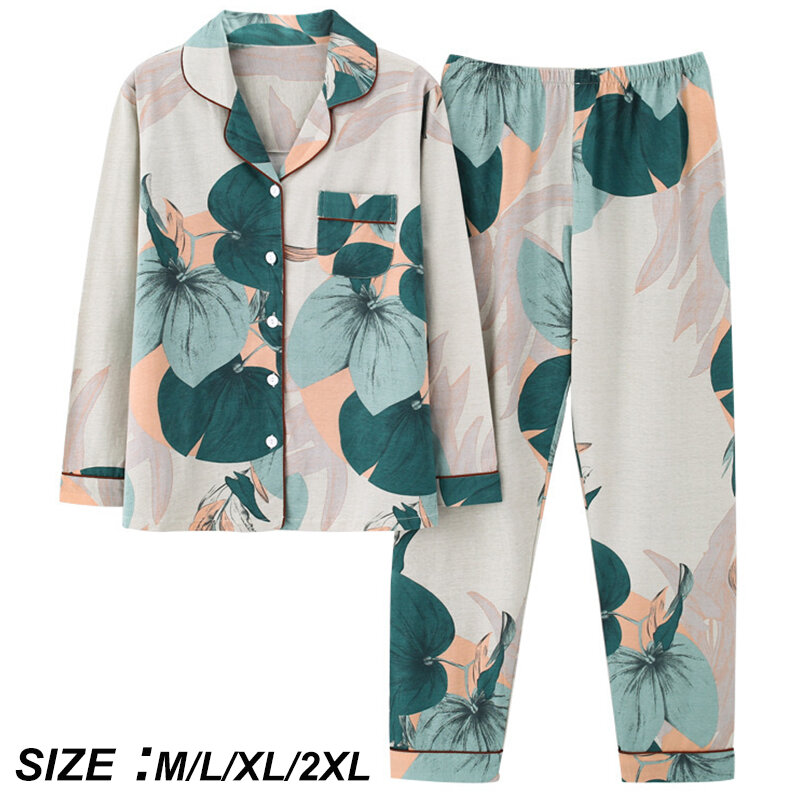 2 pçs/sets feminino floral impresso pijamas define manga longa homewear turn-down collar pijama sleepwear inverno noite terno m/xxl