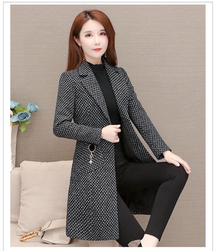 Uhytgf 2023 novo elegante trench coat feminino blazer roupas de escritório xadrez casaco de lã alta qualidade outono jaqueta 1381