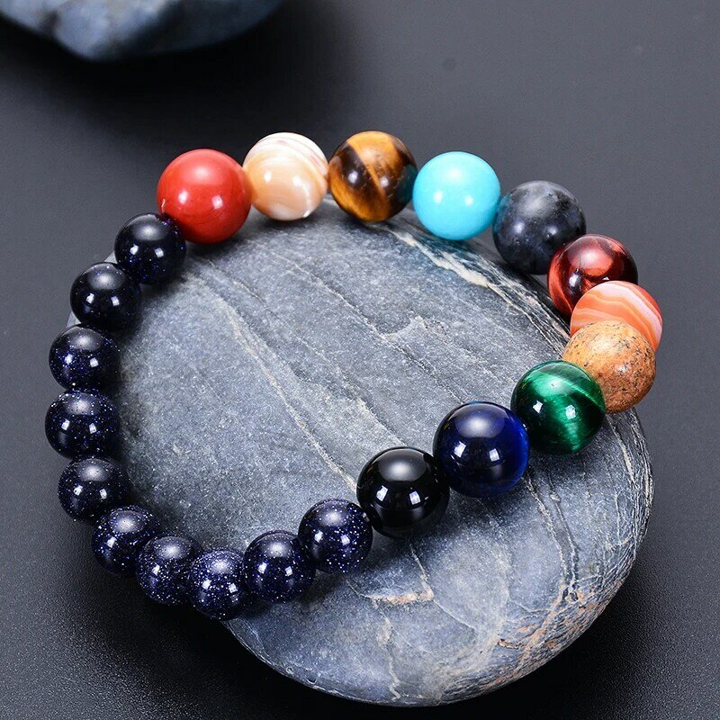 Bracelet classique à perles pour hommes et femmes, en pierre naturelle, avec huit planètes du système solaire de la galaxie