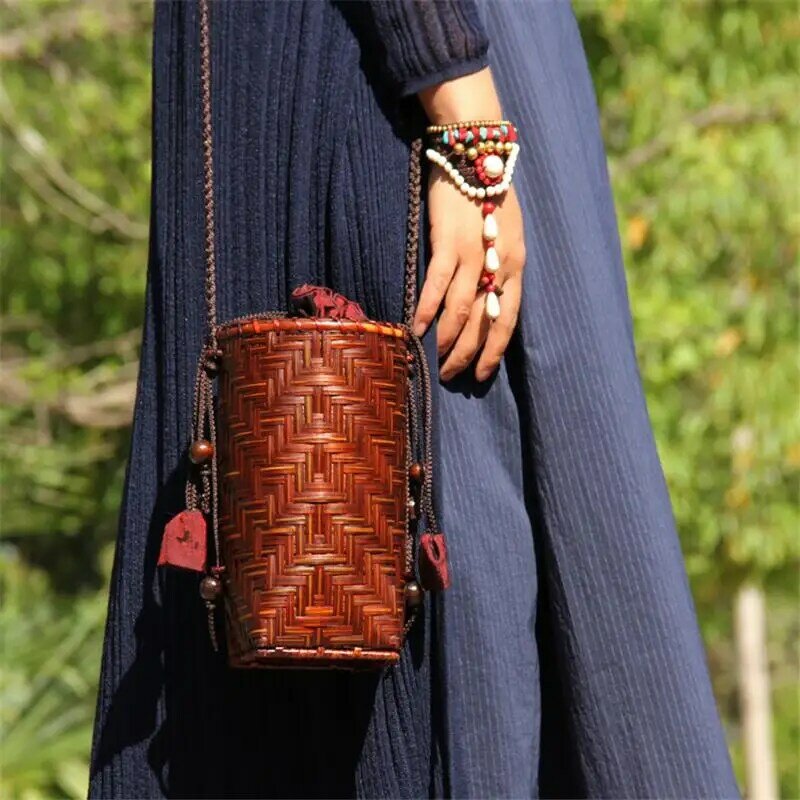 Mini bolsa trançada retrô artesanal original de 10x20cm, bolsa de chá de bambu, bolsas mensageiro de armazenamento, bolsa de balde redonda a6101