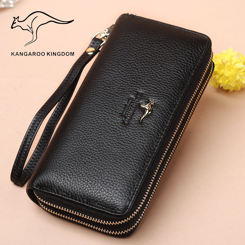 KANGAROO KINGDOM-billeteras de piel auténtica para mujer, cartera larga con cremallera, monedero de mano