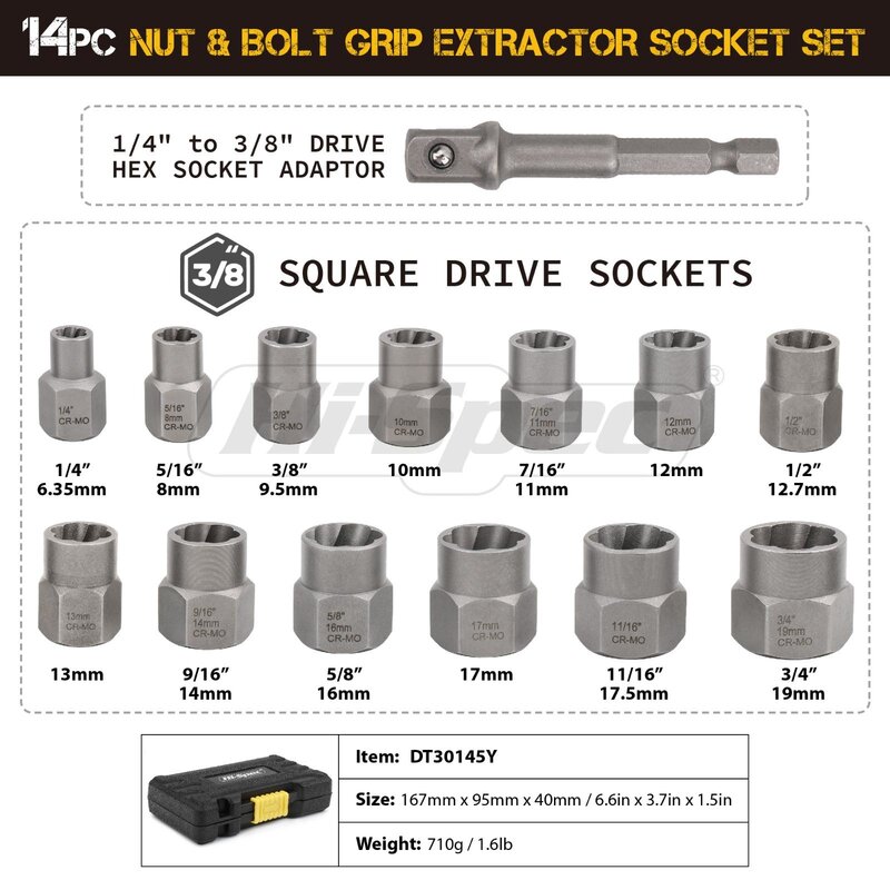 Hi-Spec 손상된 임팩트 소켓 도구 세트, 14PC 리무버 세트, 볼트 너트 제거 소켓 도구, 3/8 인치 스퀘어 드라이버 소켓, 19mm, 17mm, 11mm