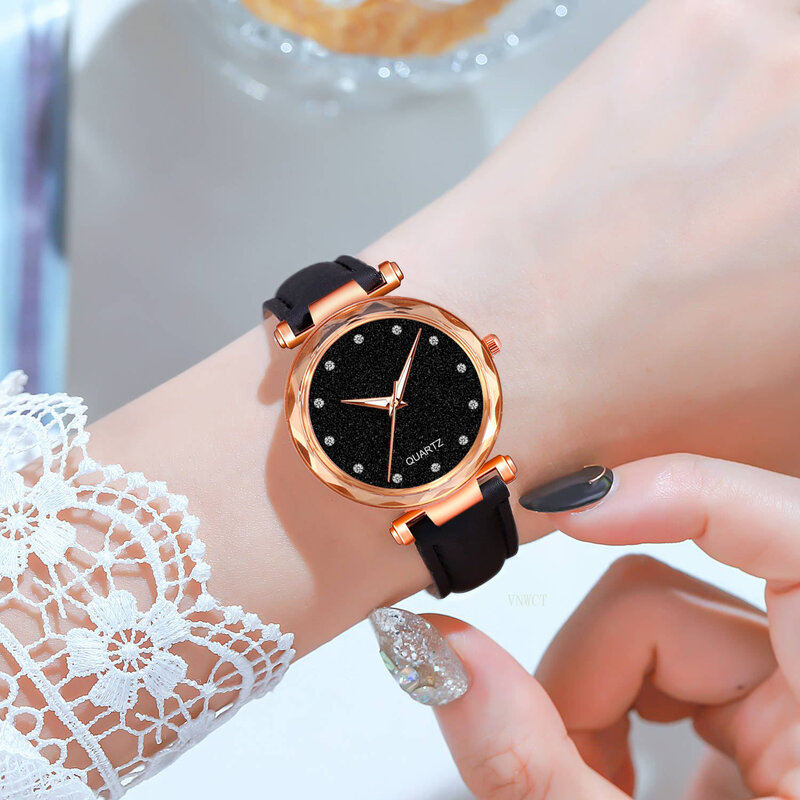 Moda feminina romântico céu estrelado pulso quartzo relógio de couro diamante senhoras relógio para as mulheres vestido simples gfit montre femme