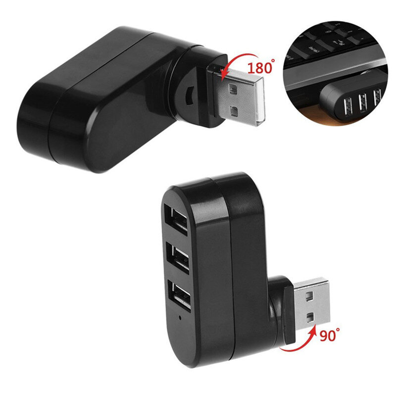 Hub USB 2.0 preto para laptop, girar adaptador, divisor, mini, 3 portas