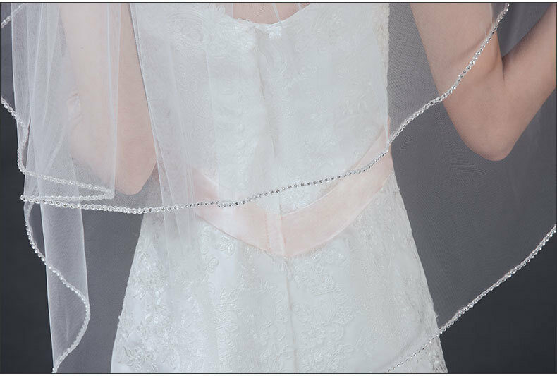 Short Beaded Bridal Veils with Comb White Ivory  Romantic Two Layers Tulle Bride Veil for Wedding Dress