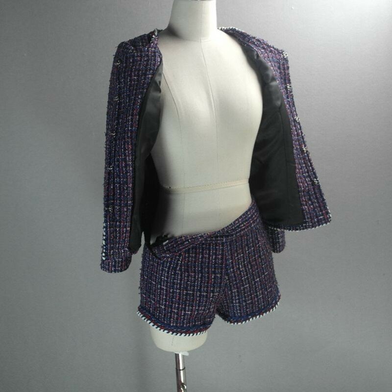 Paarse vrouwen tweedelige outfits merk dames tweed jasje shorts set dames o-hals jas kleine geurjassen geweven damespak