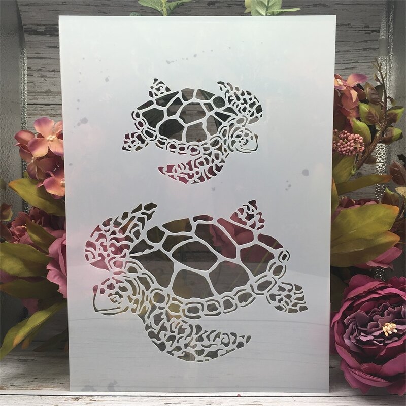 Plantillas de capas DIY de dos tortugas marinas, pintura de pared, álbum de recortes para colorear, álbum de relieve, plantilla decorativa, A4, 29cm
