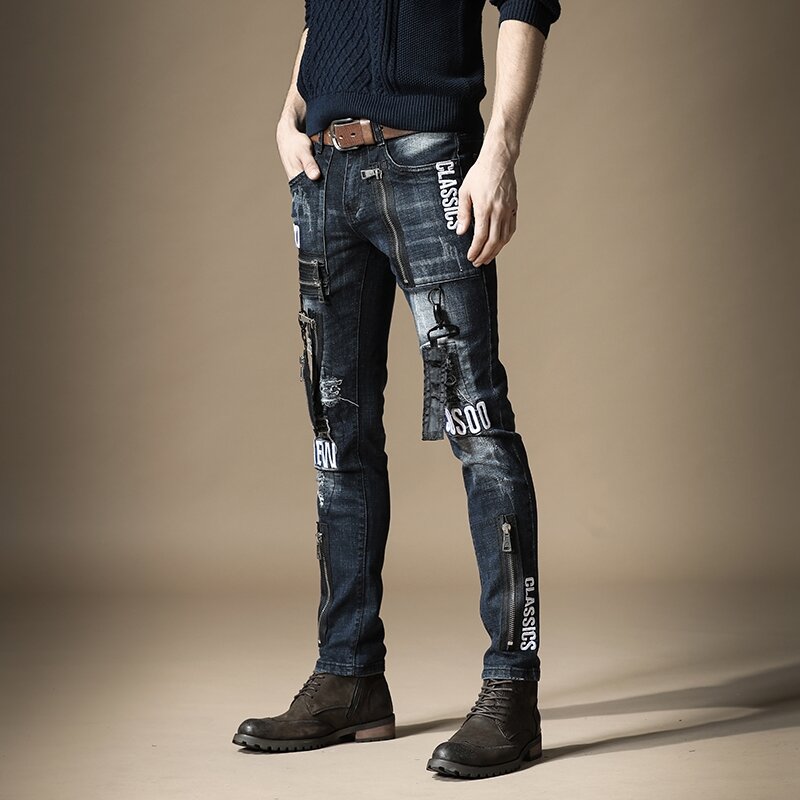 Frete grátis novo 2020 masculino jeans marca magro europeu maré marca buraco fino metal punk estilo hip hop calças jeans