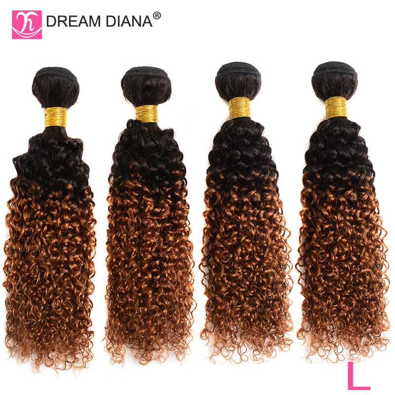 DreamDiana-mechones de cabello humano malasio, cabello rizado T1B ombré/30, 10-26 pulgadas, 1/3/4 mechones, marrón, 100%