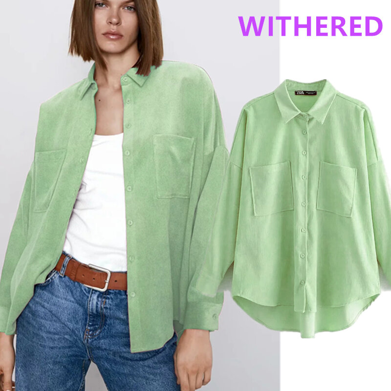 Withered england high street vintage oversize big pockets Corduroy blouse women blusas mujer de moda 2020 long shirt womens tops