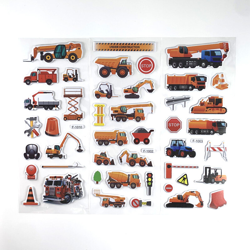 Veículo de engenharia e escavadeira Cartoon Bubble Sticker para crianças, brinquedos educativos para meninos, cognitivo, cognitivo, Scrapbooking, carros, 12 folhas por conjunto