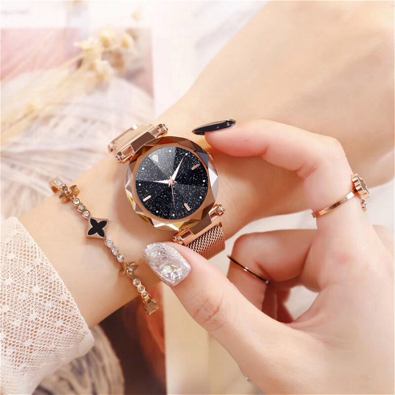 새로운 브랜드 여성 시계 럭셔리 석영 손목 시계 자기 버클 빛나는 시계 스테인레스 스틸 숙녀 시계 여성 시계