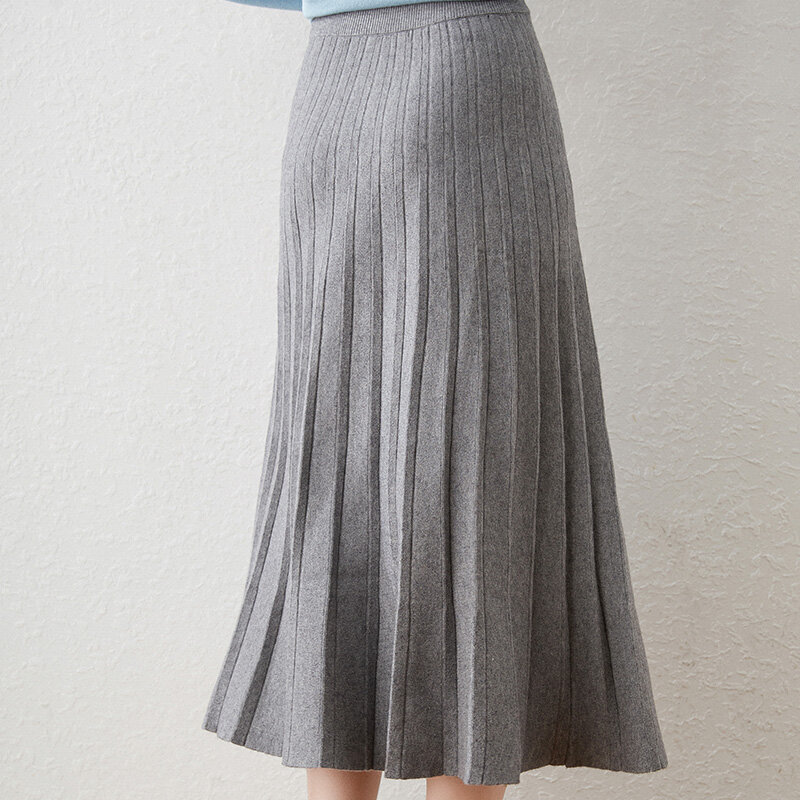 Falda plisada de estilo occidental para mujer, Falda de punto de lana de cintura alta que combina con todo, A la moda, Otoño e Invierno