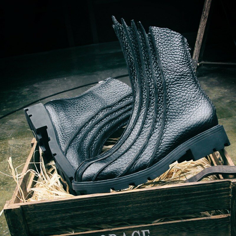 Harajuku – bottes montantes en cuir véritable pour homme, de haute qualité, avec fermeture éclair à l'arrière et bout rond, mi-mollet, pour l'hiver