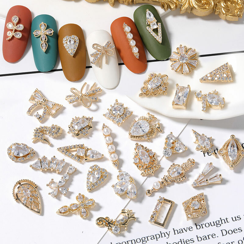 9 piezas de metal 3D de circón para decoración de uñas, diamantes de imitación de circón, joyería para decoración de uñas, colgante de borla de circón de aleación, accesorios para uñas