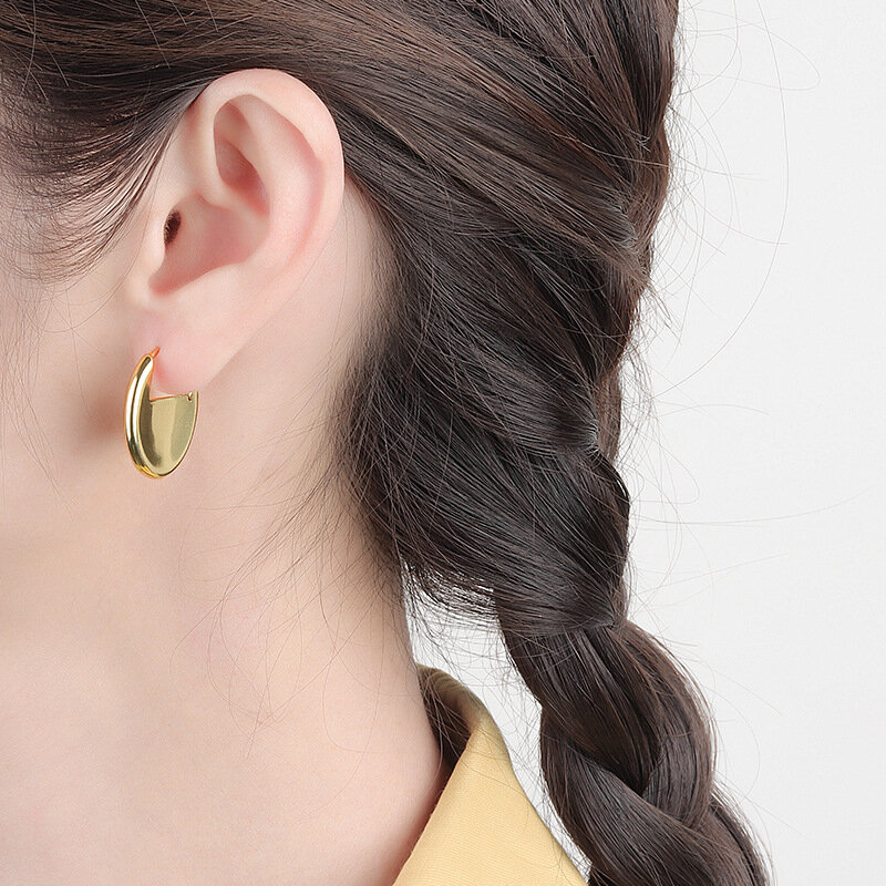 QMCOCO – boucles d'oreilles en argent 925 pour femmes, bijoux tendance simples, forme ovale, accessoires de fête rétro, cadeaux ronds
