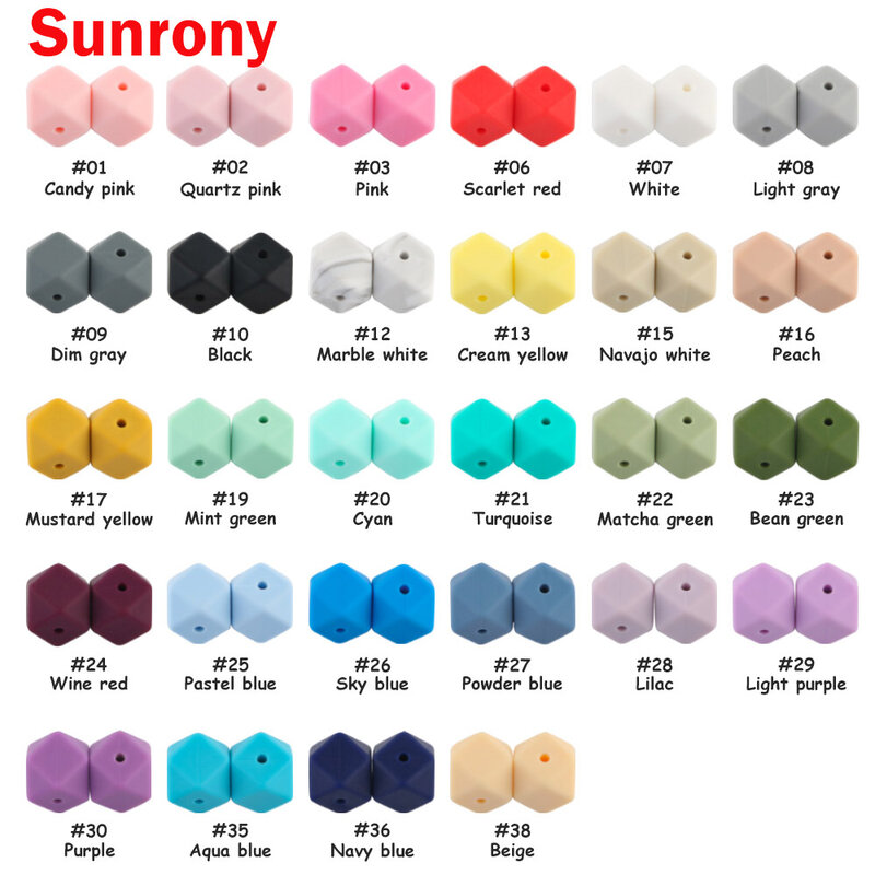 Sunrony-Cuentas hexagonales de silicona para morder, 10 piezas, 14mm/ 17mm, para fabricación de joyas, collar DIY, cadena de chupete