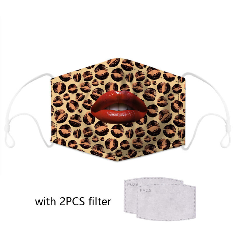 Máscara de impressão de leopardo reutilizável lábios sensuais máscaras de rosto pm2.5 filtro ativado anti poeira máscara de boca anti-nevoeiro à prova de gripe máscara lavável