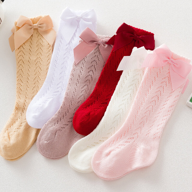 От 0 до 3 лет летние детские носки с бантом, длинные хлопковые носки до колена для маленьких девочек, сетчатые детские носки принцессы