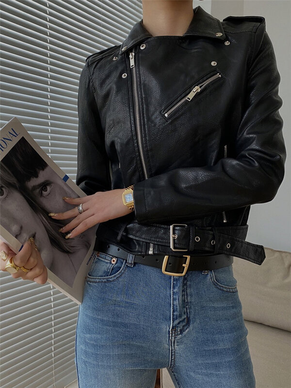 LMQ nuovo 2020 autunno inverno donna PU ecopelle classica giacca da motociclista da donna con cerniera cintura cappotto Casual Outwear di base