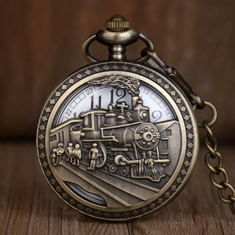 Antique Skeleton กระเป๋านาฬิกาผู้ชายแฟชั่นสำหรับผู้หญิงควอตซ์นาฬิกา Bronze รถไฟออกแบบนาฬิกาพ็อกเก็ตสร้อยคอ