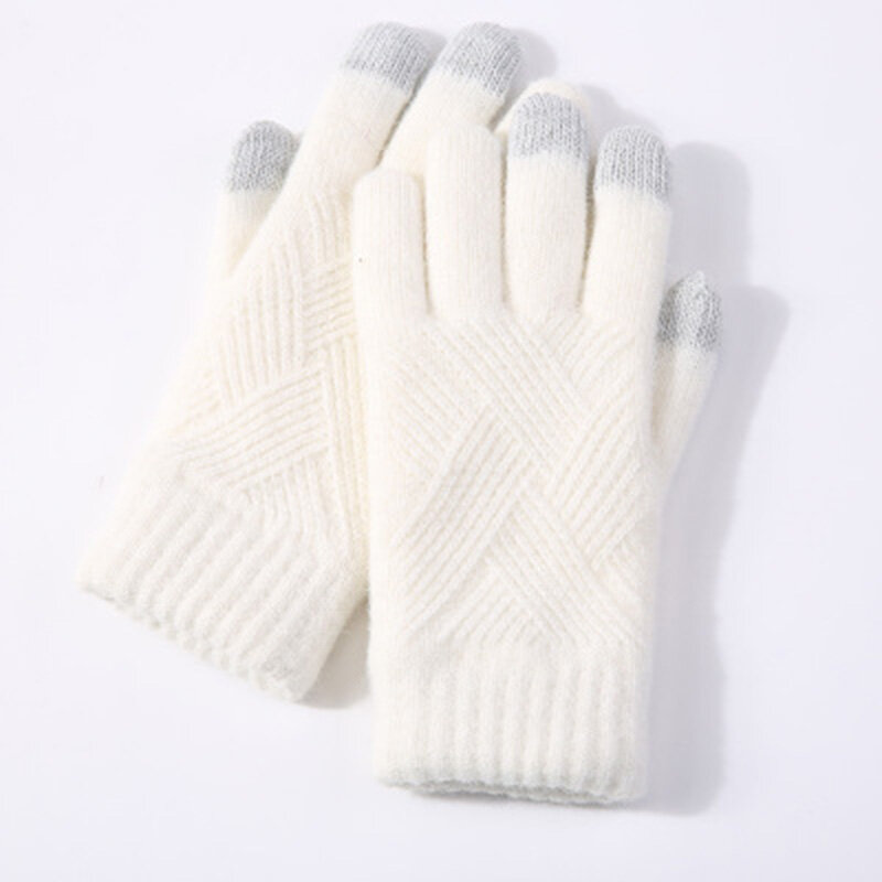 หญิงฤดูหนาว Warm Knitted Full Finger ถุงมือผู้ชายผ้าขนสัตว์ Touch Screen Mittens ผู้หญิงหนาขี่จักรยานขับรถถุงมือ H46