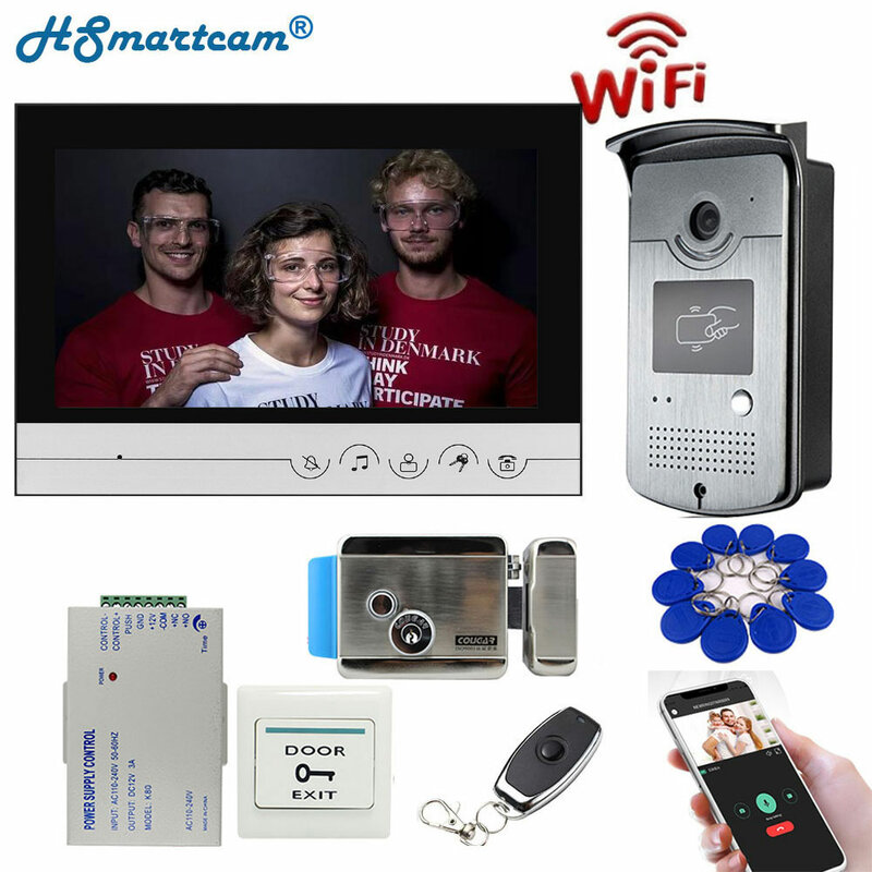 Видеодомофон с экраном 9 дюймов, Wi-Fi, 1 монитор, 1 уличная камера RFID, электрический замок, разблокировка через приложение