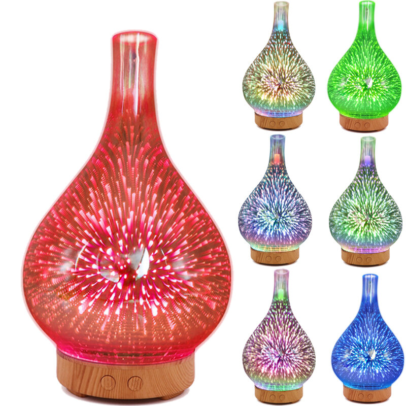 3D Vuurwerk Glazen Vaas Vorm Luchtbevochtiger Met 7 Kleur Led Nachtlampje Aroma Olie Diffuser Mist Maker Ultrasone