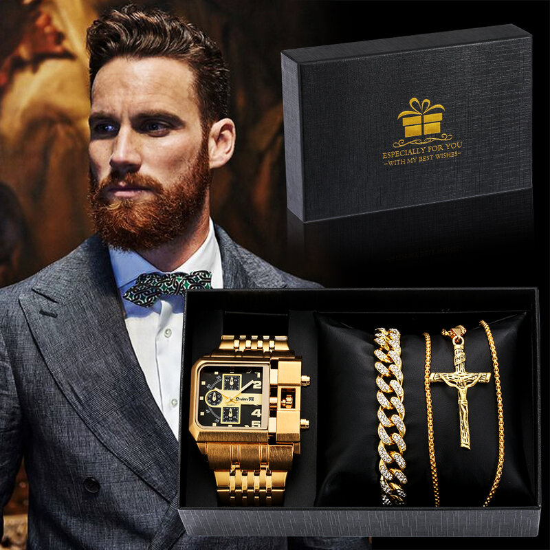 Relógios de presente de luxo dos homens ouro aço banda colar pulseira conjunto super grande dial relógio de pulso de quartzo de negócios relógio relogio masculino