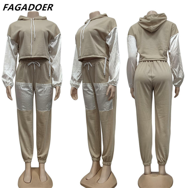 FAGADOER-하이 스트리트 여성 운동복 카키색 패치 워크 후드 및 스웨트팬츠, 가을 겨울 운동복 스포티 스트리트웨어