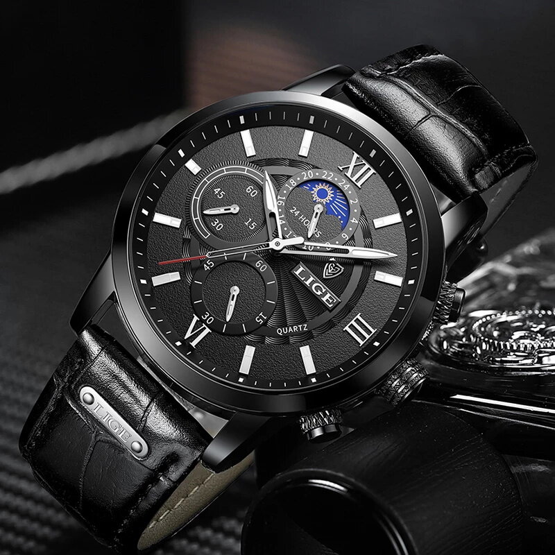 2022 LIGE zegarki męskie Top marka ekskluzywny zegarek Casual Leathe 24Hour faza księżyca mężczyźni oglądać Sport wodoodporny kwarcowy z chronografem + Box