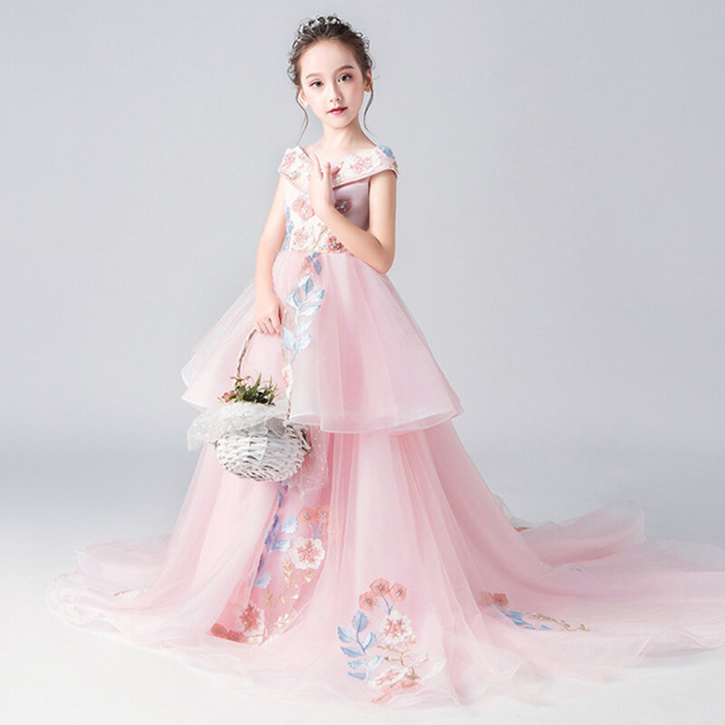 Розовая юбка принцессы для девочек, платья, платье до пола, юбка, длинное платье для девочки с цветами на свадьбу и хвост, юбка, одежда для конкурса красоты