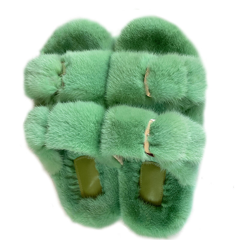 Fur Slippers High Quality European Luxury Resort Fashion 100%Mink Leather Slippers Ladies Fur Shoes Flat Slippers