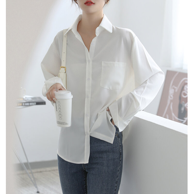Camisa feminina vintage gola sólida, blusa feminina manga comprida social