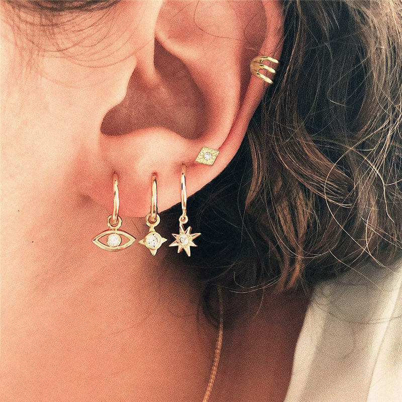 Vintage Tribal Ethnic Geometric Drop Dangle Hoop Earrings Set Small Lightning Star Moon Cactus Eye Cartilage Earrings for Women