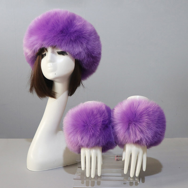 Conjunto de sombreros y puños para mujer, gorro de piel sintética con diseño de calidad de imitación, cálido, moda, otoño e invierno, novedad