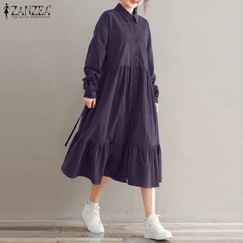 Vintage Cord Hemd Kleid Frauen Sommerkleid 2023 ZANZEA Frühling Casual Langarm Rüschen Vestidos Weibliche Taste Midi Robe