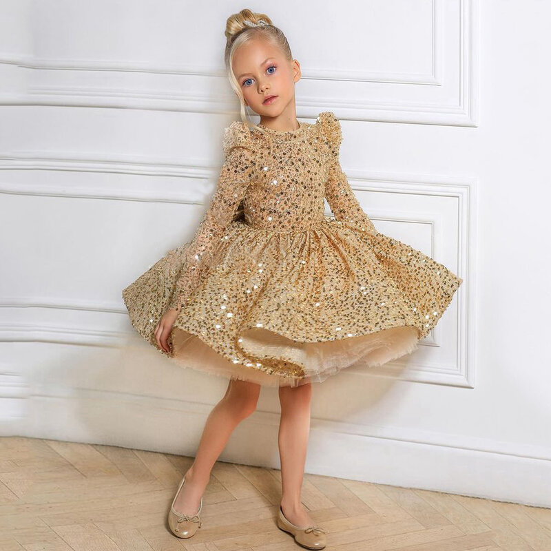 luxury Gold Sequin Flower Girl Dress Long Sleeves Puffy Pageant Gown Big Bow Baby  Birthday Party Dresses