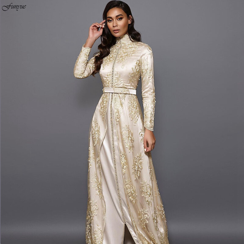 Champanhe marroquino caftan vestidos de noite 2022 a linha de manga longa renda vestidos ocasião especial dubai formal vestido de baile plus size