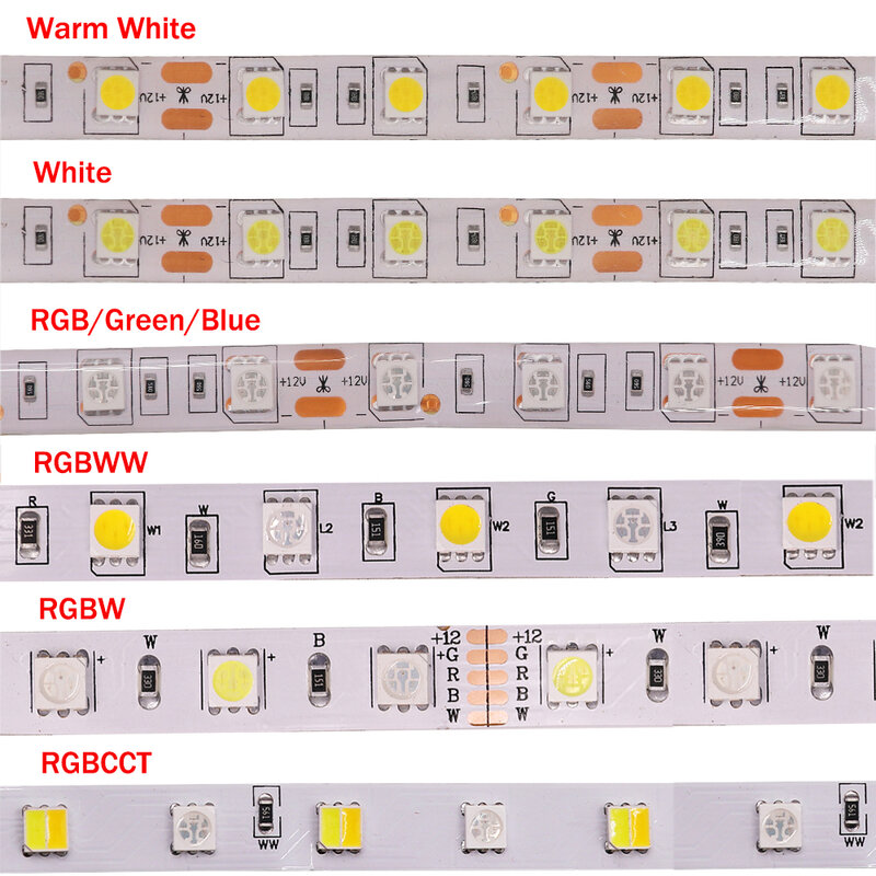 Tira de luces LED RGBCCT de 5M, 12V, 5050 RGB, 60LED/m, cinta Flexible impermeable RGBW RGBWW, blanco frío, Blanco cálido, azul y rojo