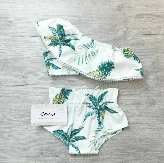 Małe dziewczynki druk ananasowy Bikini Set wzburzyć krótkie bluzki spodenki figi strój dziecięcy dwuczęściowy letnie modne stroje kąpielowe kostiumy kąpielowe