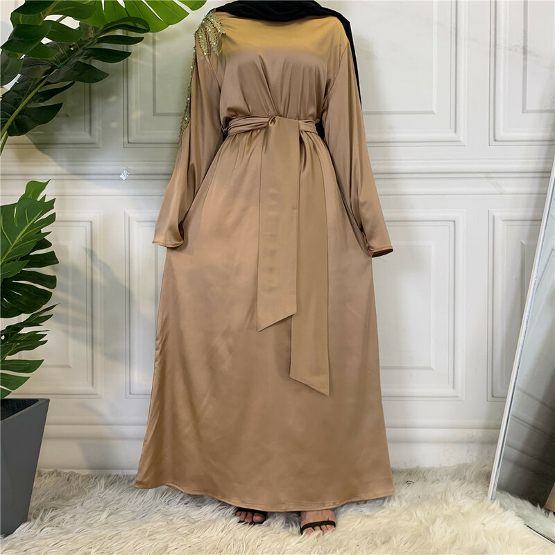 Kaftan abaya gaun panjang wanita Muslim jubah Arab Turki Dubai Islam Lebaran Ramadan manik-manik Satin Timur Tengah mode Malam