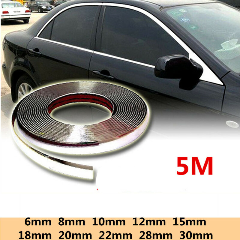 Tira de moldura cromada para coche, cinta protectora de parachoques para ventana, rejilla, puerta, 5 metros, 6mm, 10mm, 12mm, 15mm, 20mm, 30mm