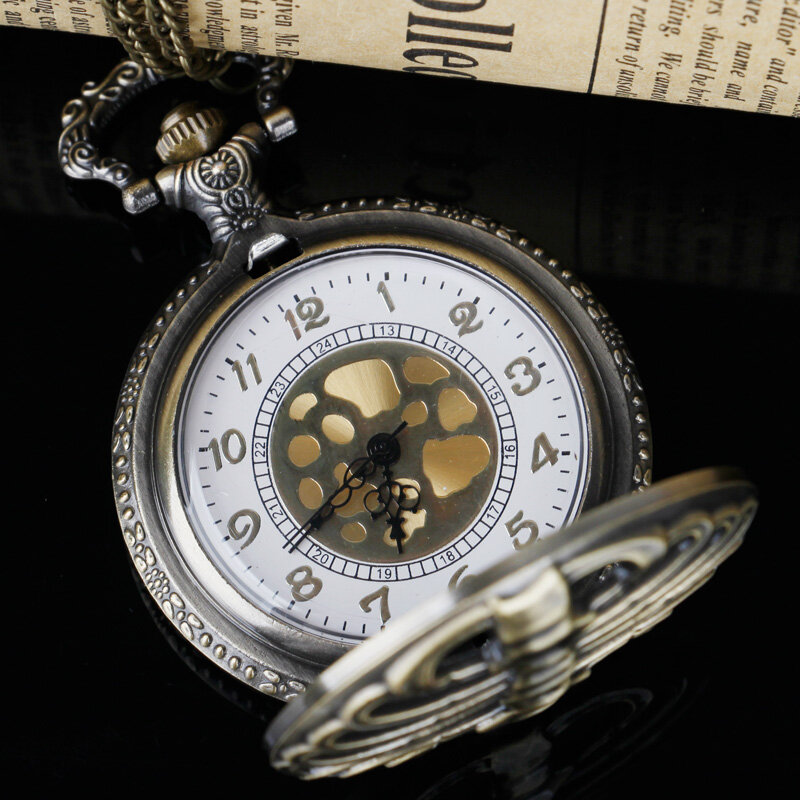 척추 리브 중공 디자인 청동 남성 포켓 시계, 포브 체인, 쿼츠 포켓 시계, 화이트 다이얼