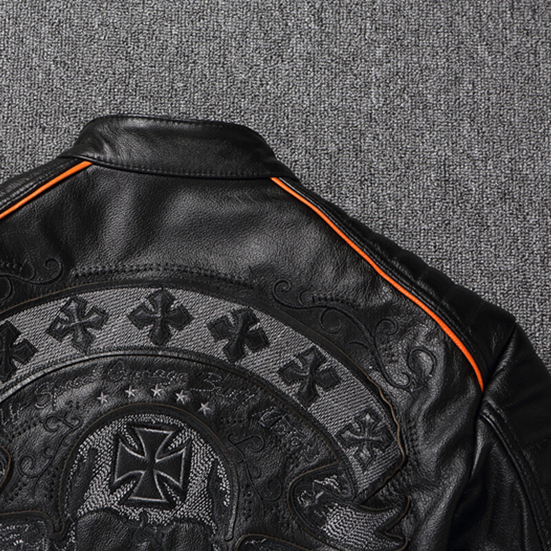 2021 New Skull Embroidery giacca da uomo in pelle di vacchetta primo strato giacca da moto Slim cappotto Oversize