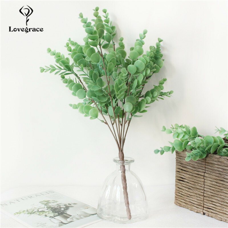 Artificial Plant Eucalyptus Plastic Fake Leaves Green Tree 7 Forks /Branch for Wedding DIY Decor Flower Arrangment Faux Foliage