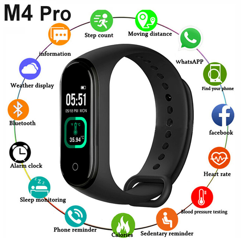 M4 pro pulseira inteligente com termômetro, bracelete fitness com acompanhamento fitness, ritmo cardíaco e pressão sanguínea, para android ios
