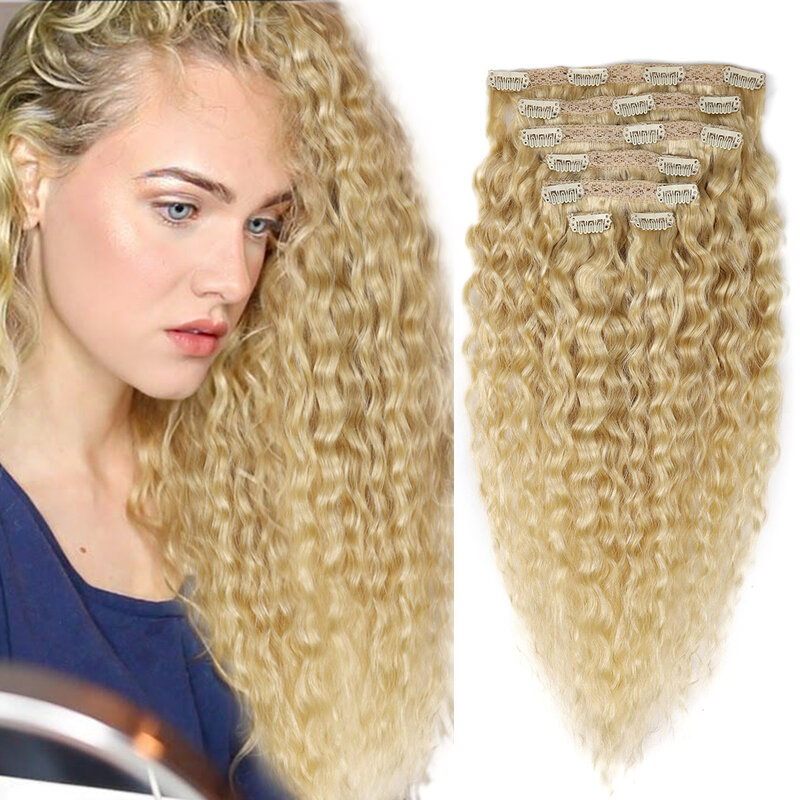 Real Beauty 18” Brazilian P27/613 Blond Water Wave Clip In Human Hair Pieces  Remy Curly Clip On Extensions