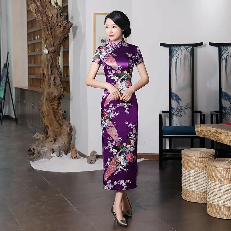 Sexy Purple Women Satin Daily Casual Dress Summer New Long Qipao Print Flower Chinese Cheongsam Size S M L XL XXL 3XL 0162