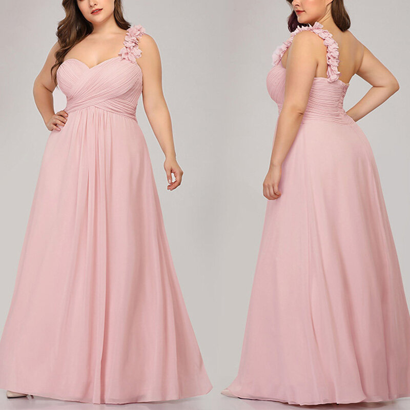 Apliques femininos de um ombro vestido de dama de honra, pescoço, linha A, longo, rosa, vestidos de festa para casamento, DR1563